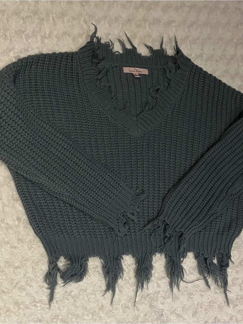 Love Tree Teal Frayed V-Neck Chunky Knit Sweater